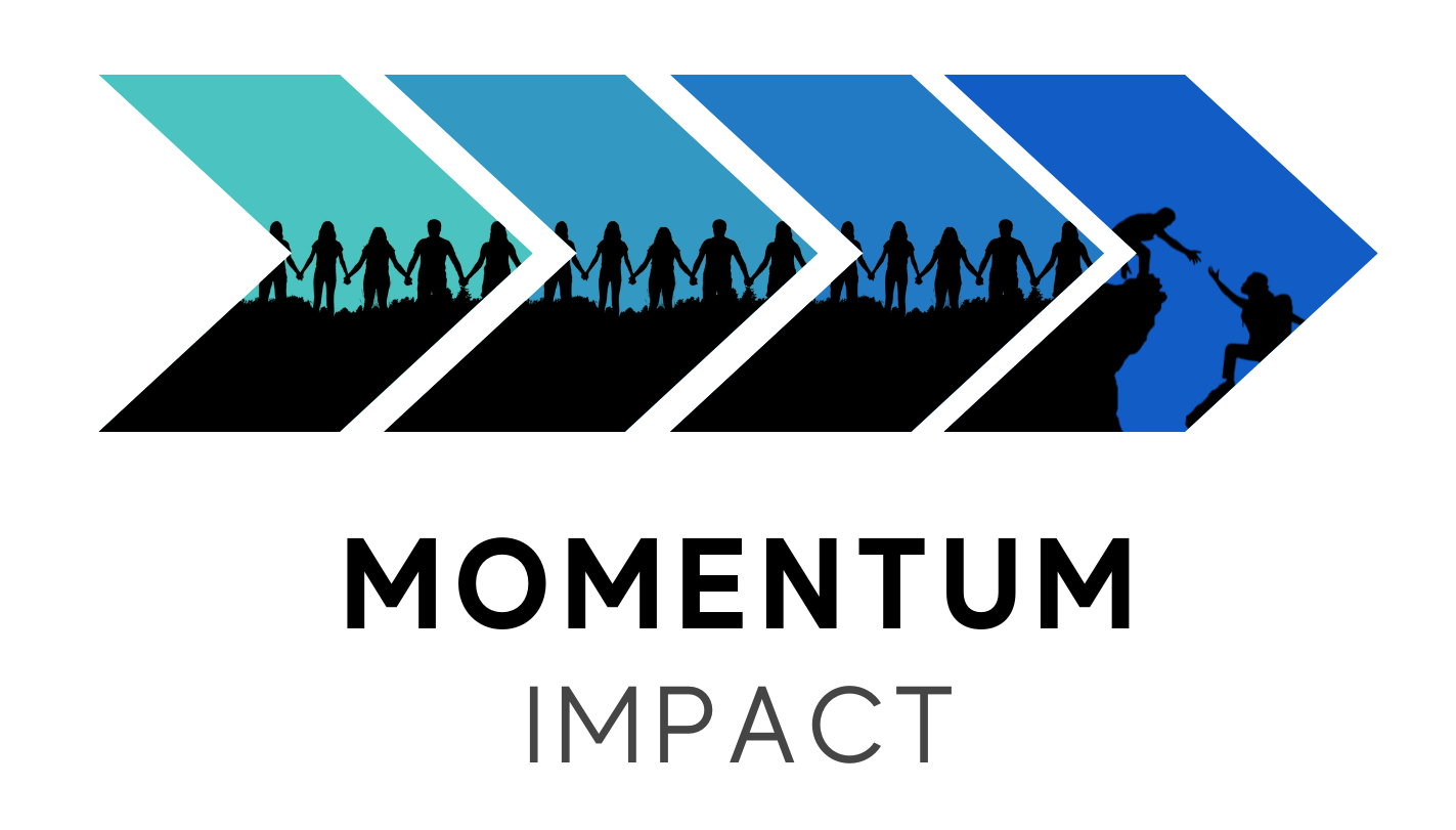 The logo for momentum impact shows a group of people climbing a mountain.