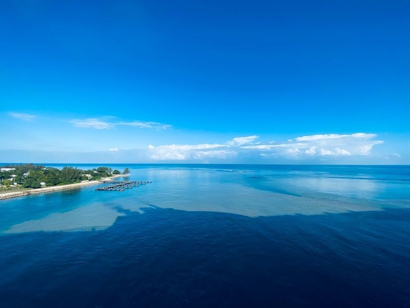 an aerial view of a large body of water with a small island in the middle .