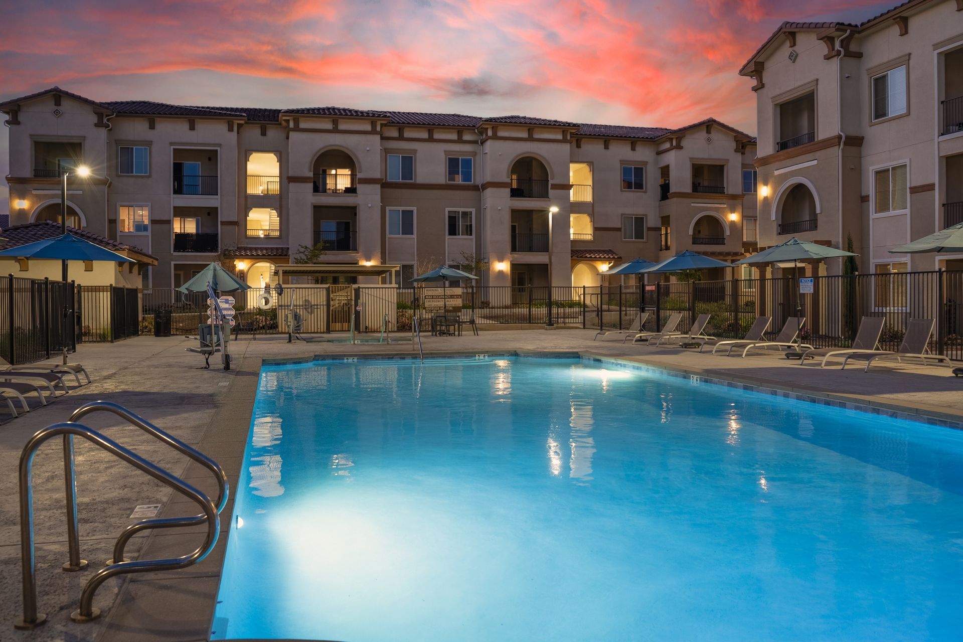 Pool and apartment building