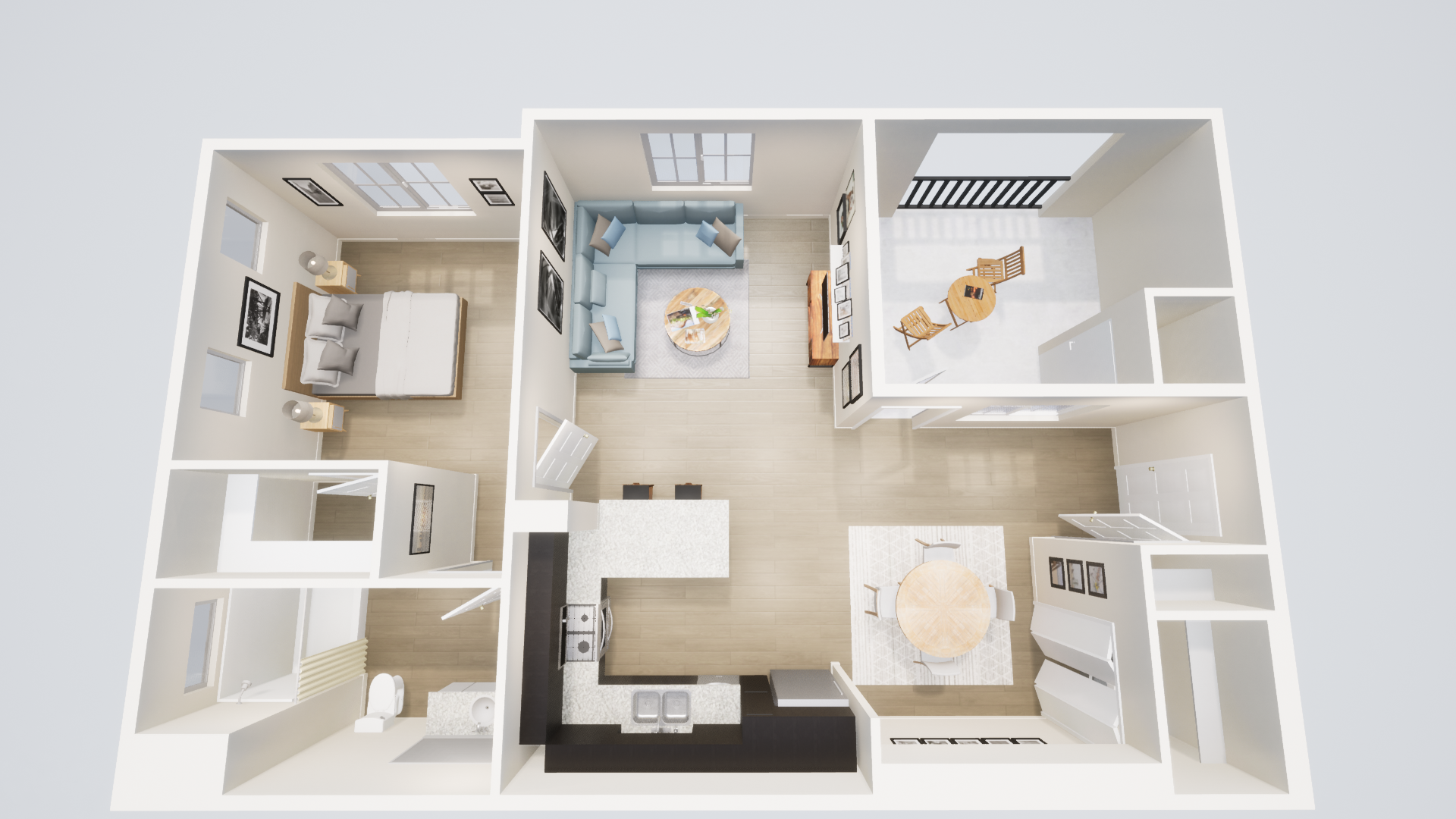 a 3d floor plan of a house with a living room , dining room , and kitchen .