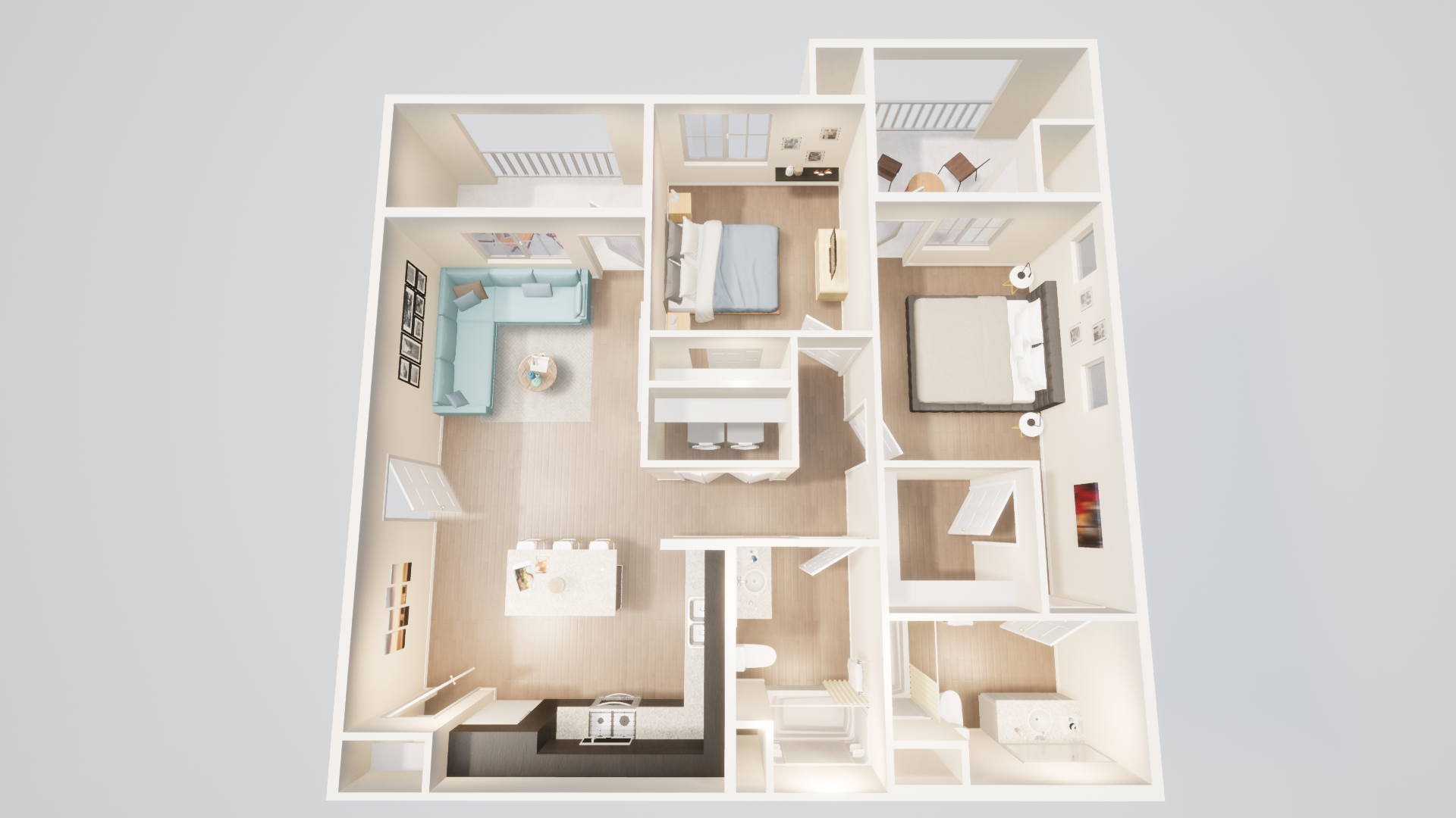 a 3d floor plan of a house with a couch in the living room .