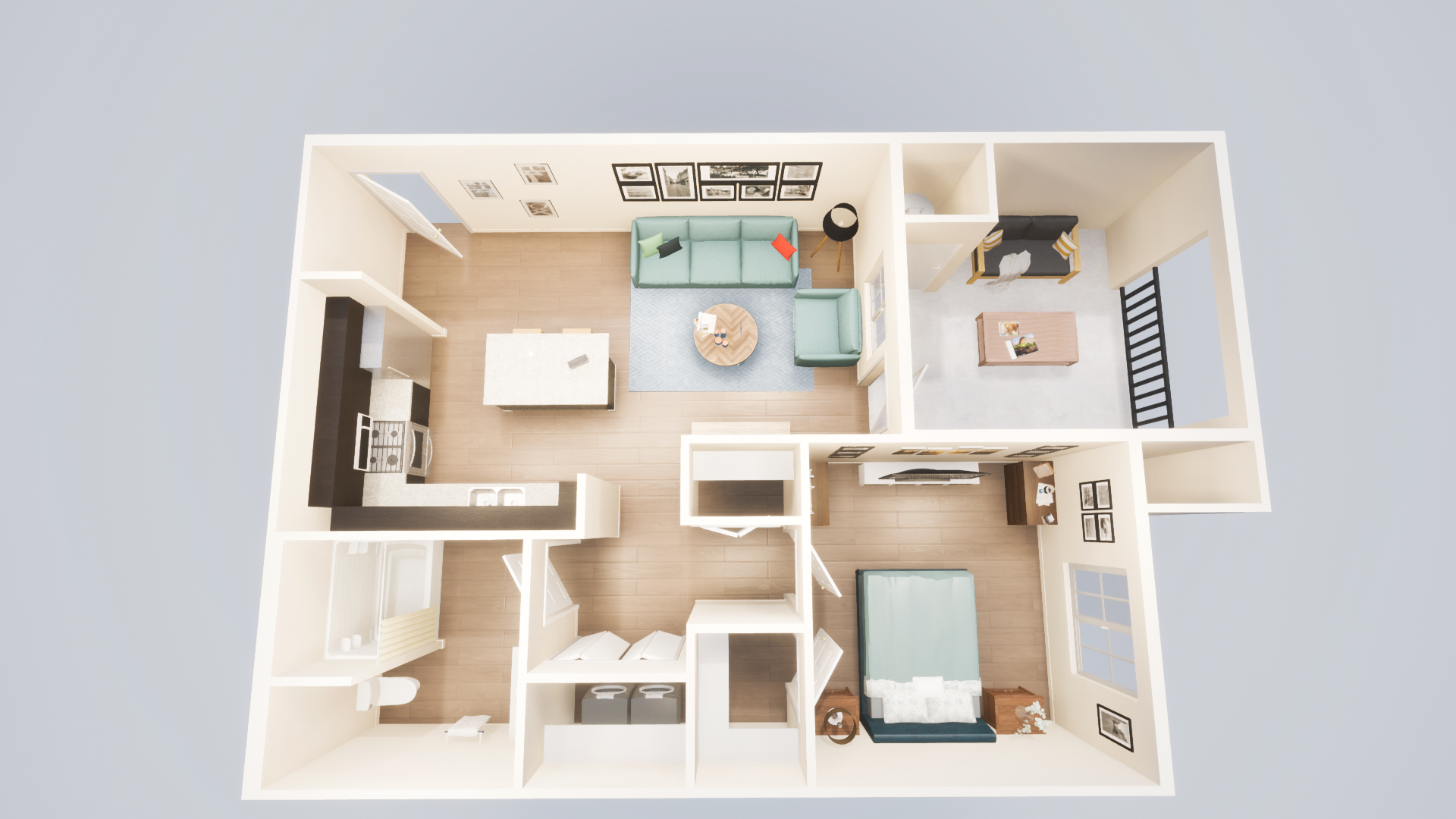 a 3d floor plan of a house with a bedroom , living room , and kitchen .