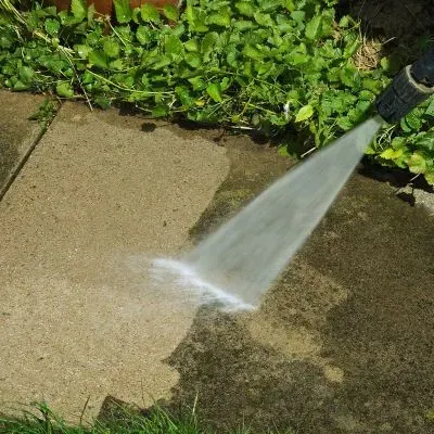 Water blasting a concrete path to lift grime and moss during an exterior clean in Ocean Grove, Dunedin.