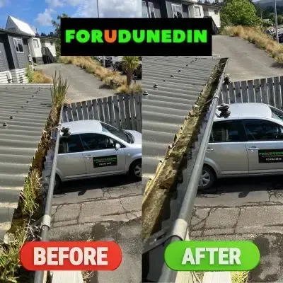 Before & After: Gutter cleaning with branded vehicle, weeds removed, Kaikorai Valley, Dunedin.