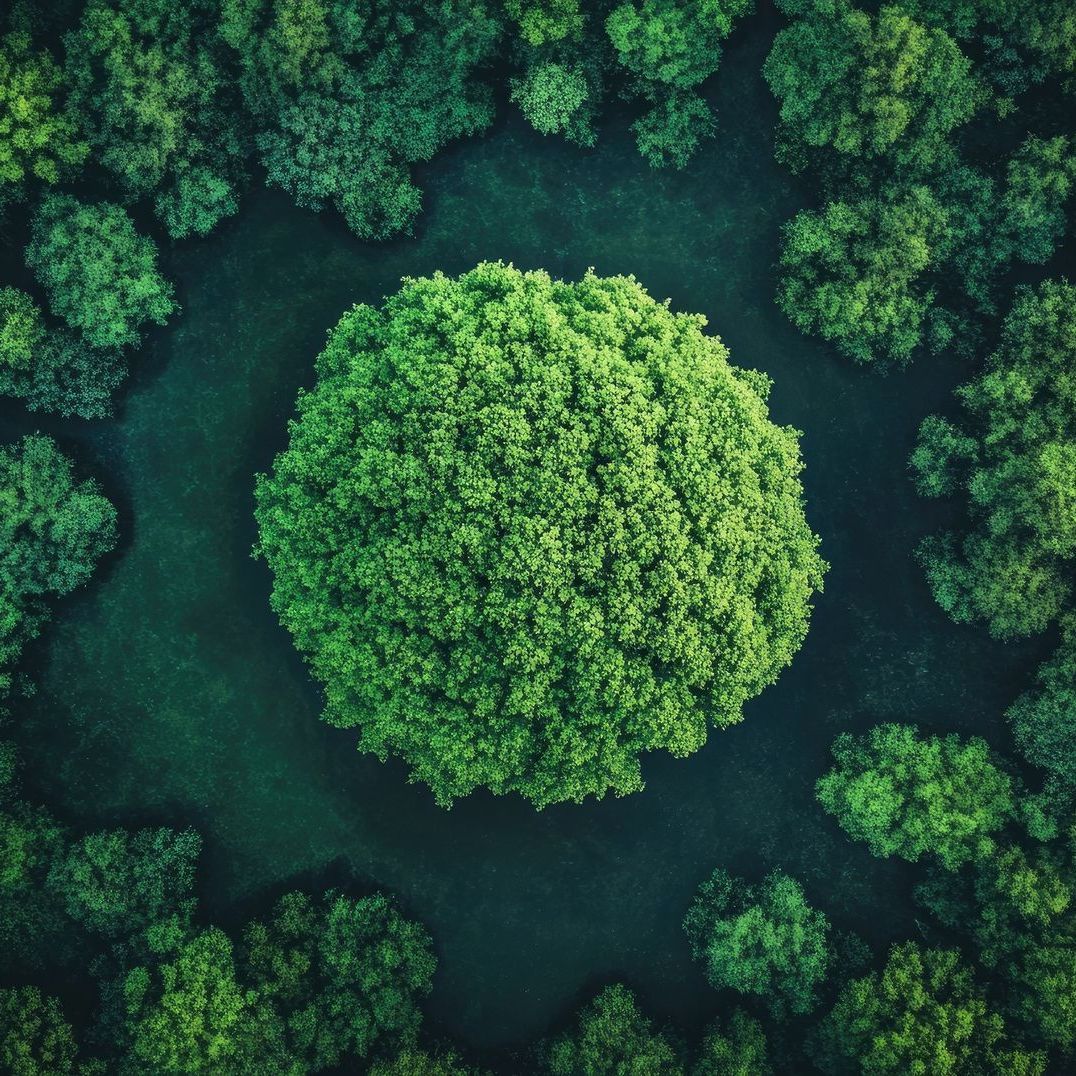 An aerial view of a forest with a circle of trees in the middle.