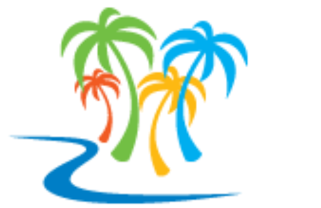 Palmeiras coloridas ao lado de um rio azul sinuoso, evocando uma cena de ilha tropical.