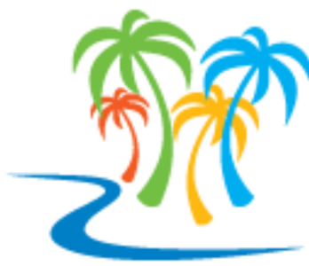Palmeiras coloridas à beira de um rio azul sinuoso, evocando o logotipo de uma ilha tropical.