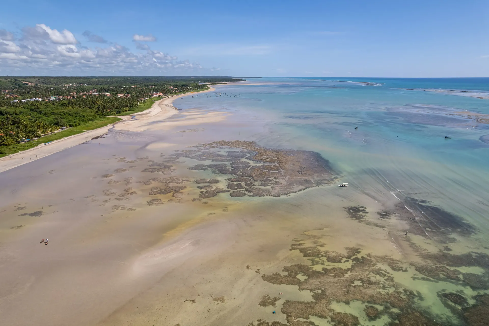 Uma vista aérea de uma praia com um recife de coral no meio do oceano.-Hotel-Praia-Dourada-Maragogi-Park