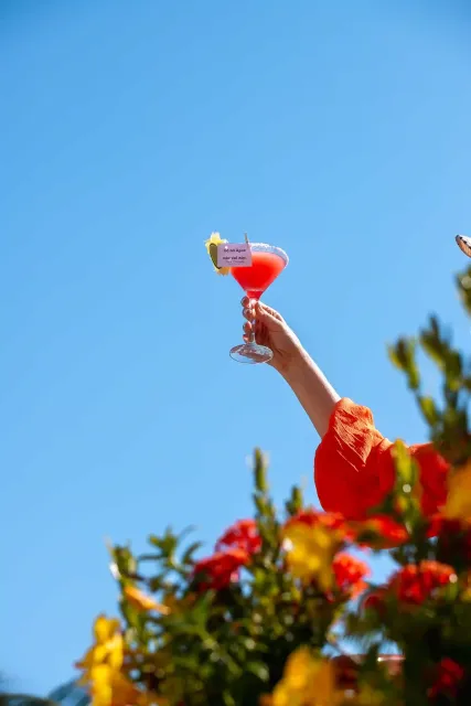 Mão segurando um coquetel rosa com uma rodela de limão contra um céu azul e flores coloridas.