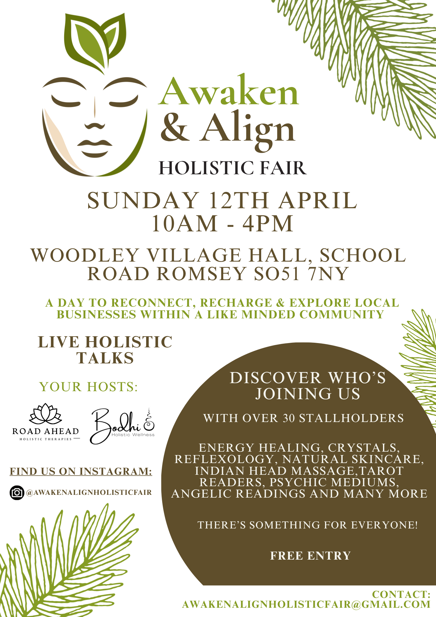 "Awaken & Align" holistic fair. Sunday, April 12th, 10 am - 4 pm, Woodley Village Hall, Romsey.