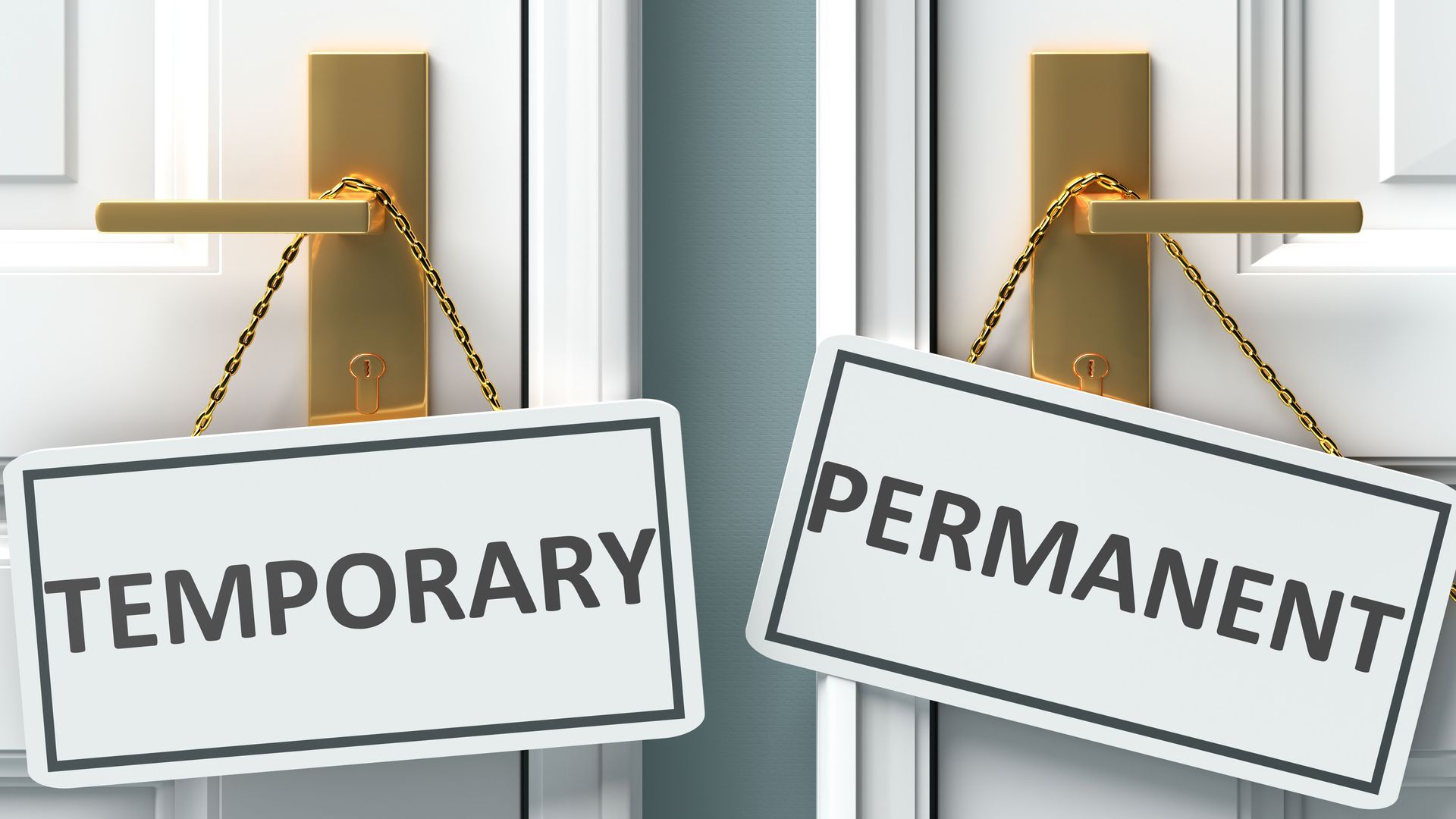Two door handles display hanging signs labeled Temporary and Permanent.