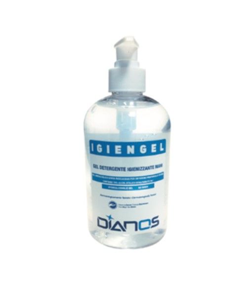 Flacone trasparente di gel igienizzante per le mani Dians IGI ENGEL con erogatore a pompa.