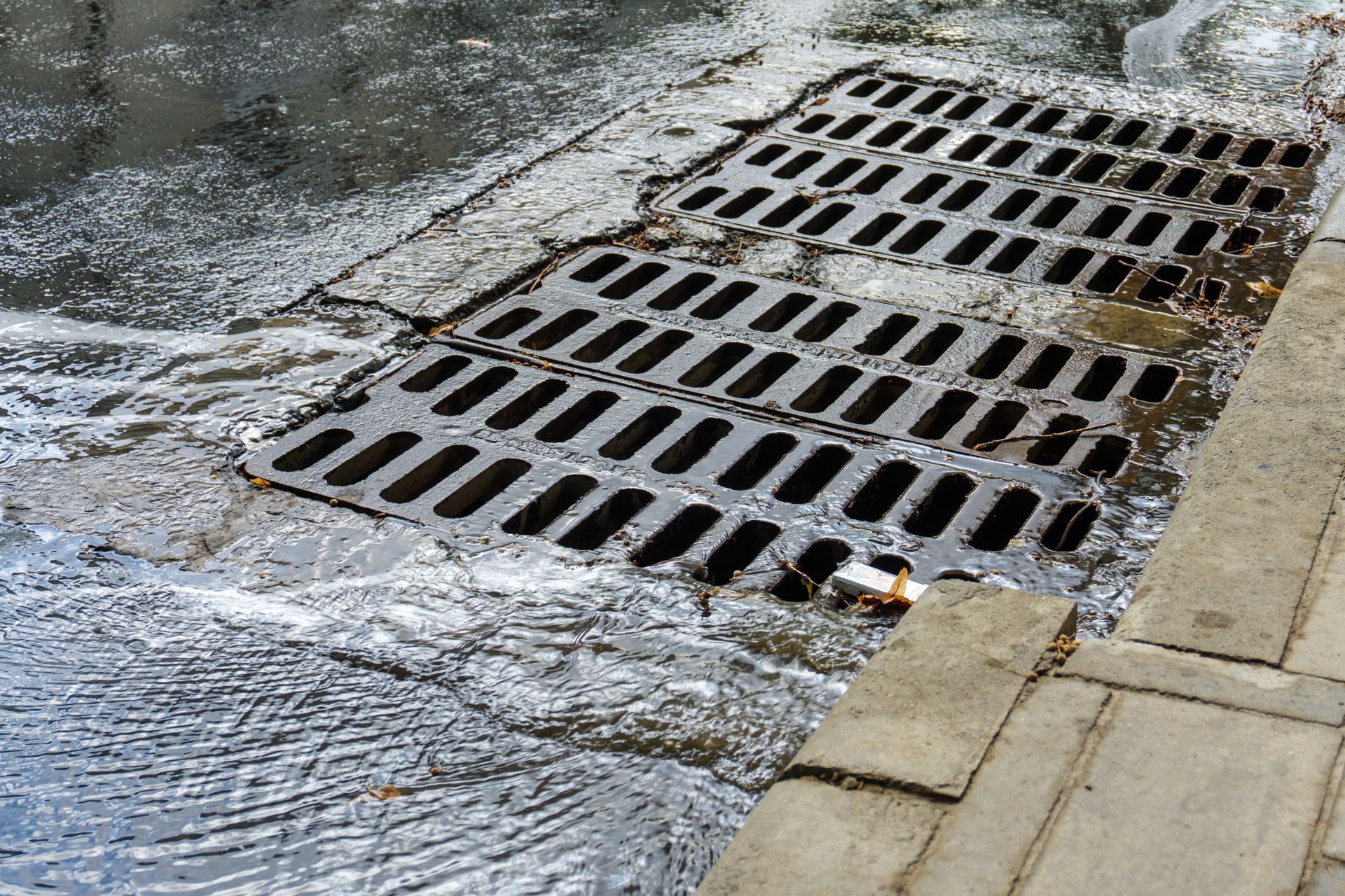 Water flowing into a metal storm drain grate on a wet concrete surface next to a paved curb.