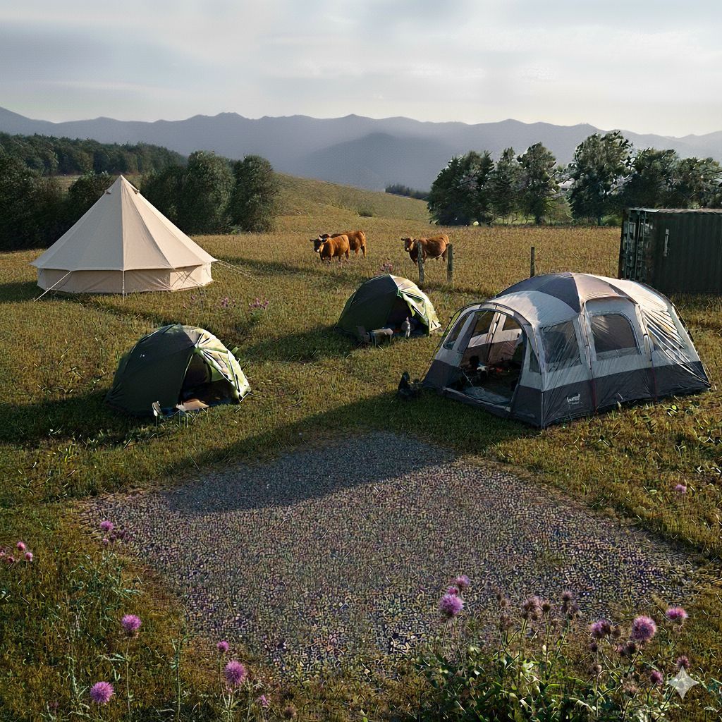 Campsite with several tents in a grassy field, cows grazing in the background, and mountains in the distance.