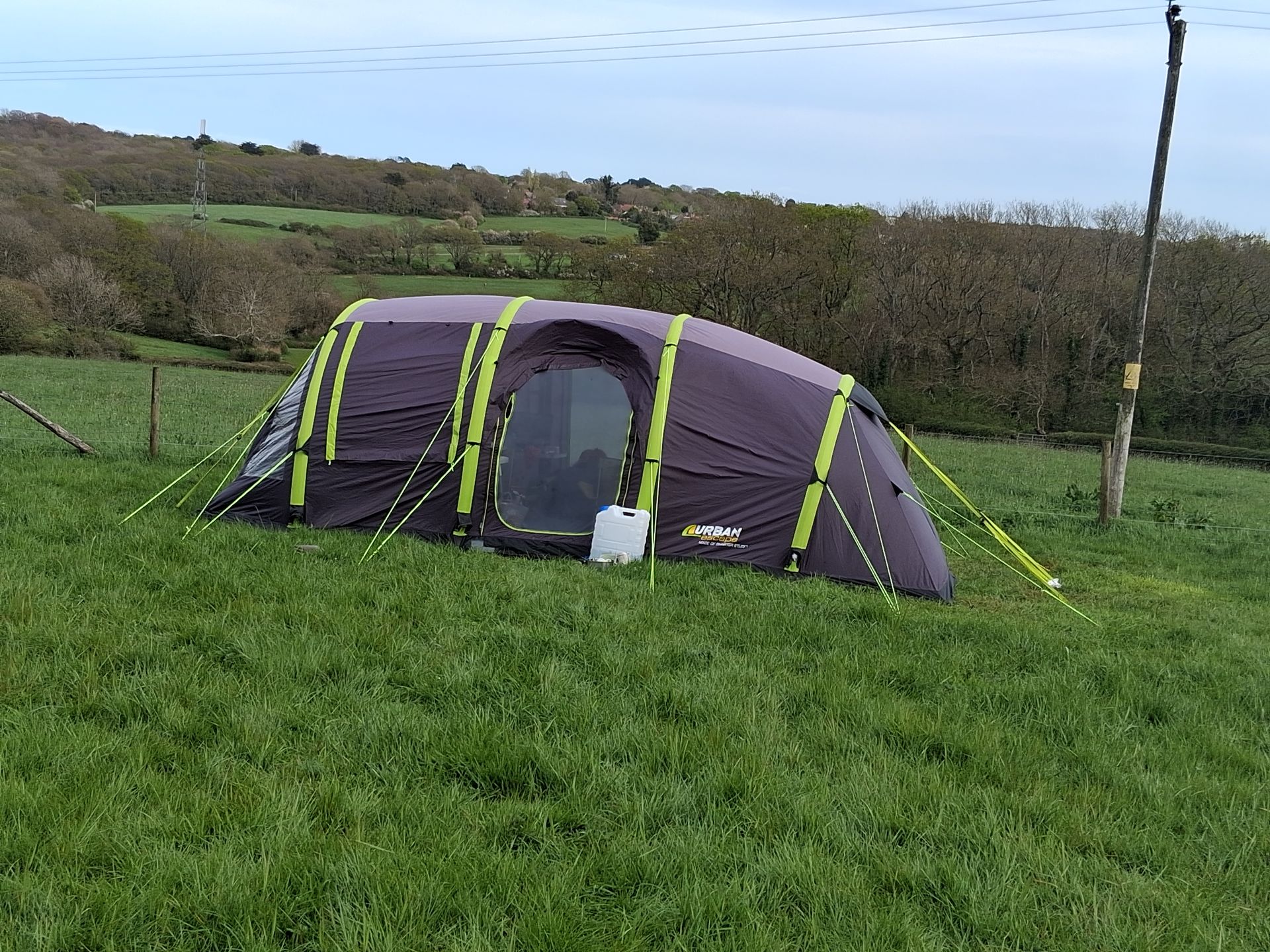 Camping scene: tents on grassy field near cows, with mountains in the background.