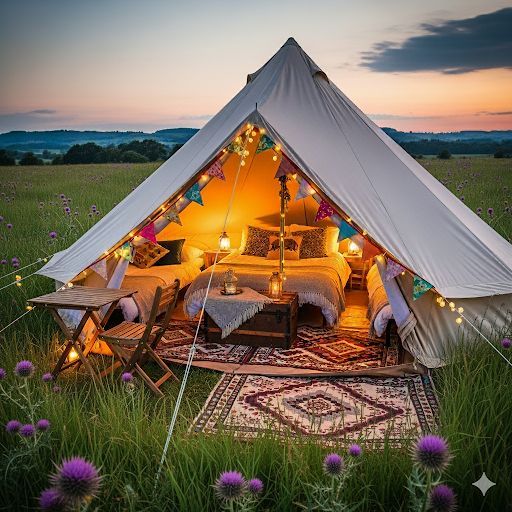 A cozy glamping tent illuminated at dusk, with beds, rugs, and decorative lights in a field of wildflowers.