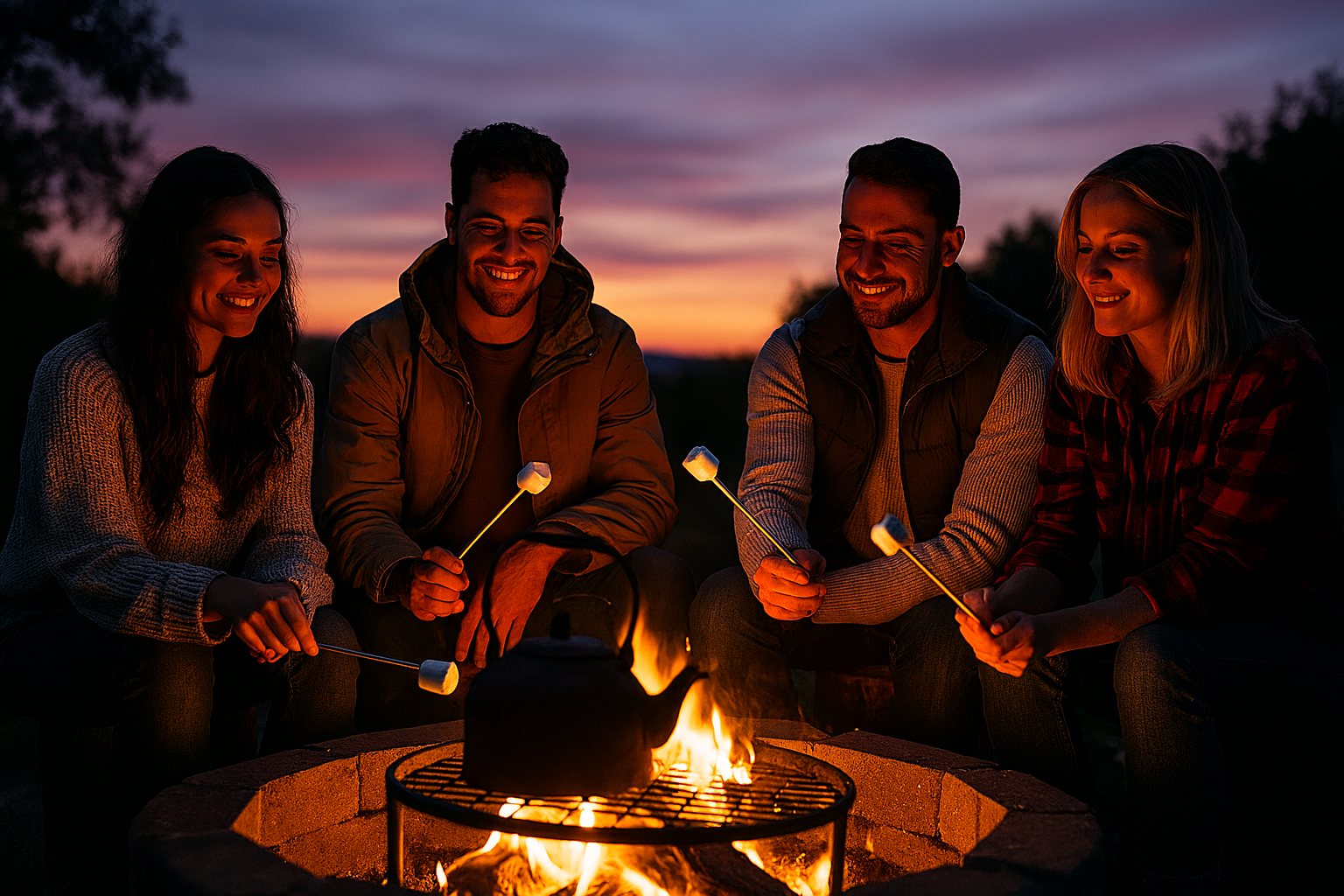 Four people roasting marshmallows over a campfire at dusk, smiling.