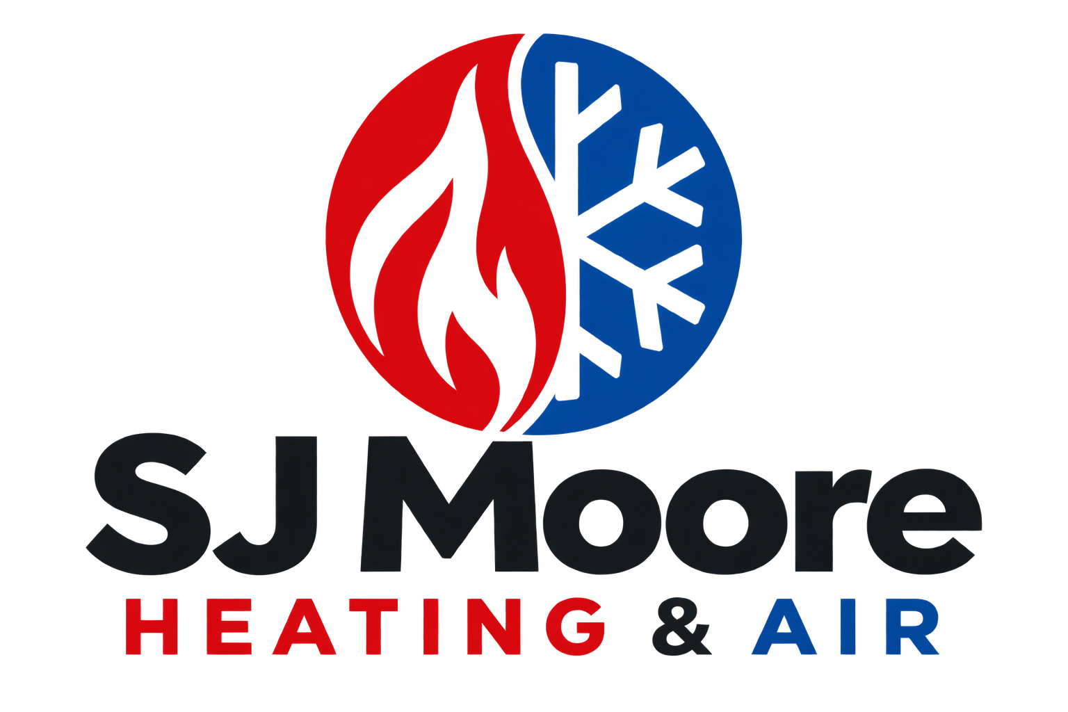 S.J. Moore Heating & Air logo with red flame and blue snowflake icon