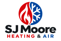 S.J. Moore Heating & Air logo with red flame and blue snowflake icon