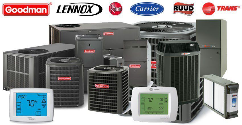 Collage of HVAC equipment including furnaces, condensing units, air handlers, thermostats and filters