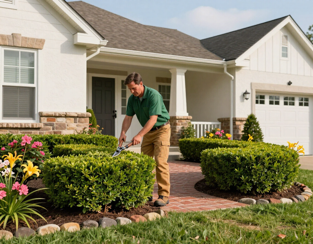 Landscaper trimming hedges