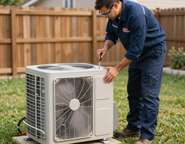 HVAC technician servicing condenser unit
