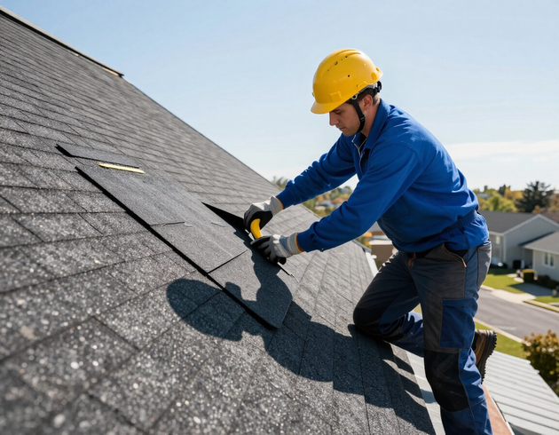 Roofer installing shingles