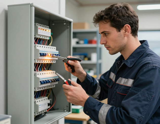 Electrician working on an open panel board