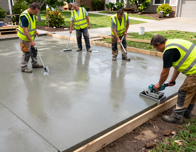 Concrete crew finishing a poured driveway slab