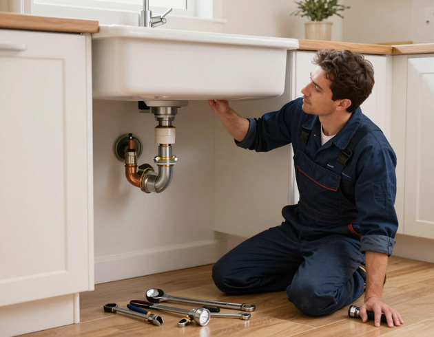 Plumber working under a kitchen sink