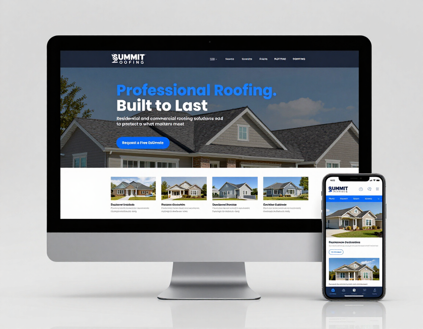 Desktop and mobile mockup of the Summit Roofing website designed by Bright Forge, featuring Professional Roofing Built to Last headline and Request a Free Estimate button