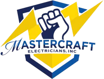A blue and yellow logo for mastercraft electricians inc
