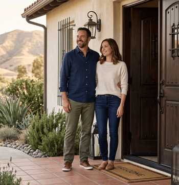 Couple standing at a home doorway, smiling on a tiled porch with desert landscaping nearby.