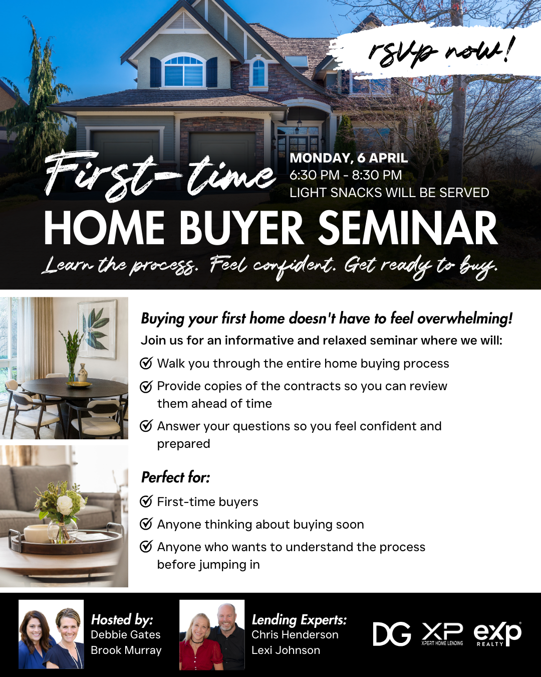 Home buyer seminar flyer with house photo, “Step now!” banner, and event details on white background
