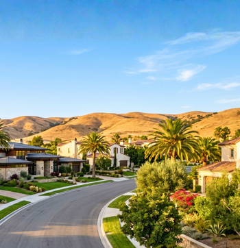 Curved residential street with palm trees, houses, and golden hills under a blue sky