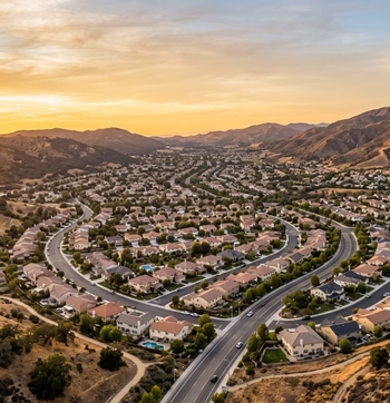 Sunset aerial view of a winding suburban neighborhood nestled among brown hills and mountains
