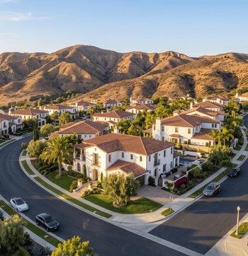 Aerial view of a suburban neighborhood with red-roofed houses and mountains in the background.
