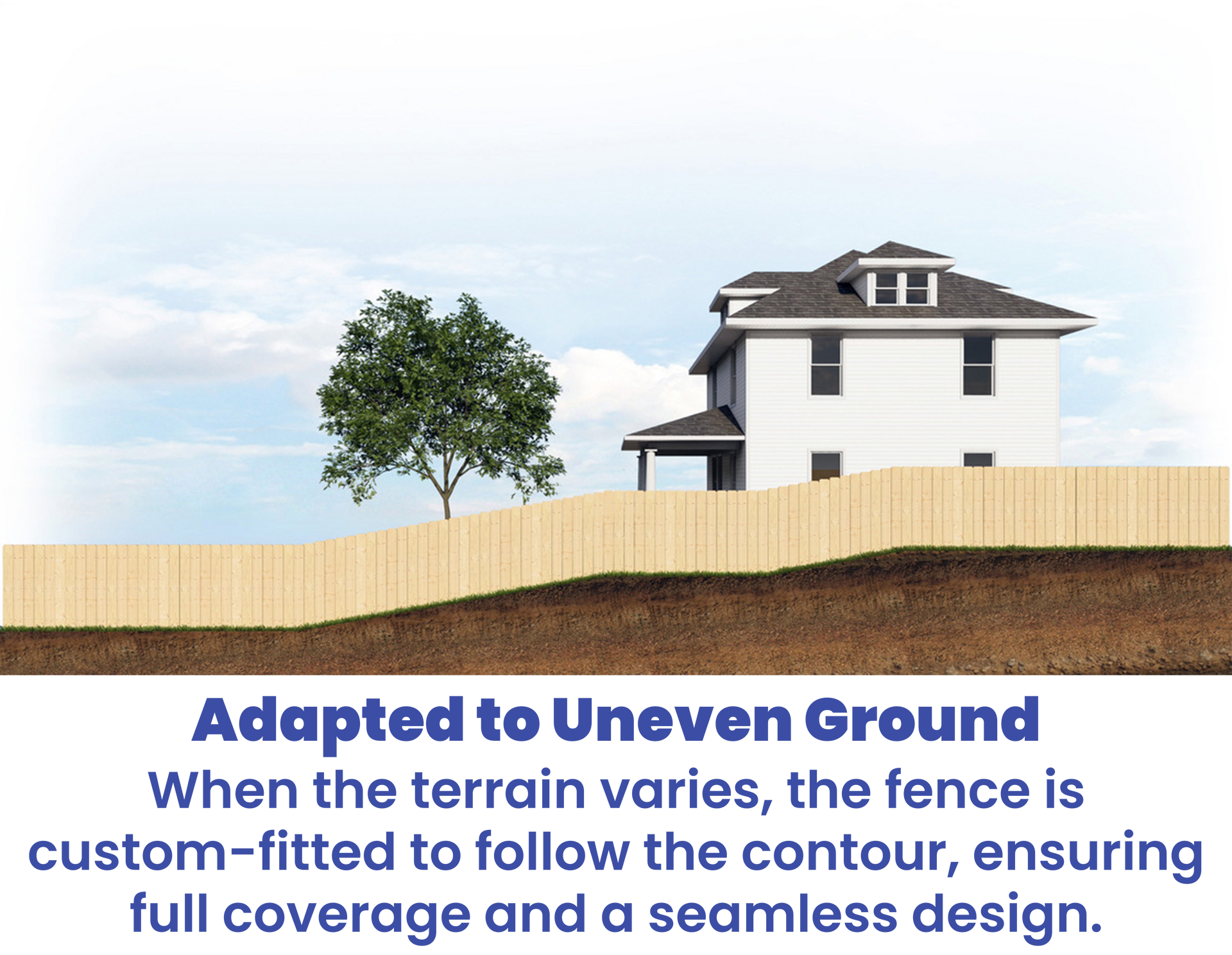 A fence follows the contour of uneven ground near a house, ensuring full coverage.