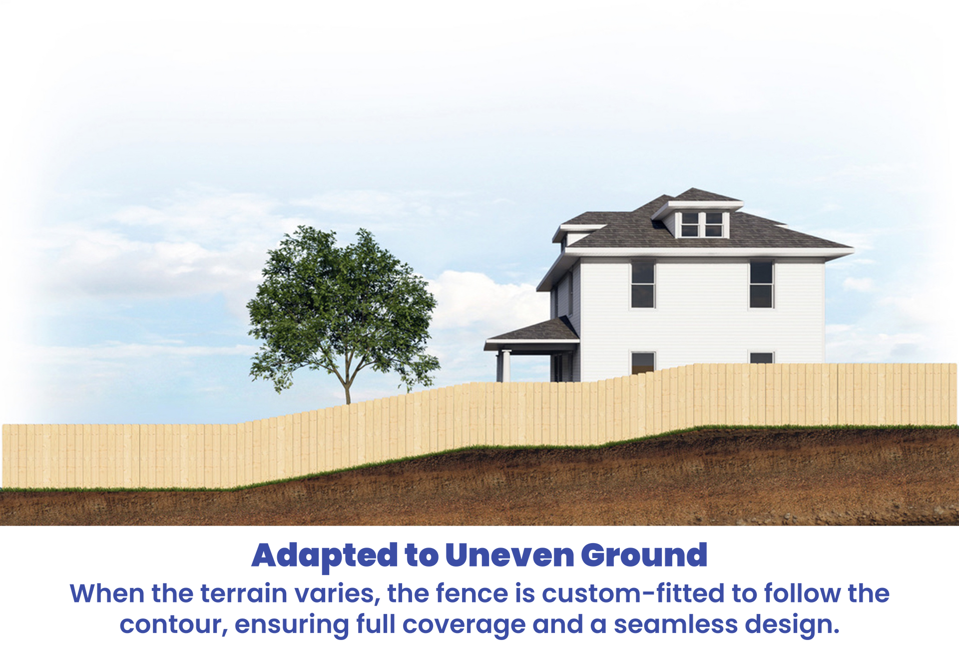 Wooden fence follows uneven terrain around a white house with a tree. Text: Adapted to Uneven Ground.