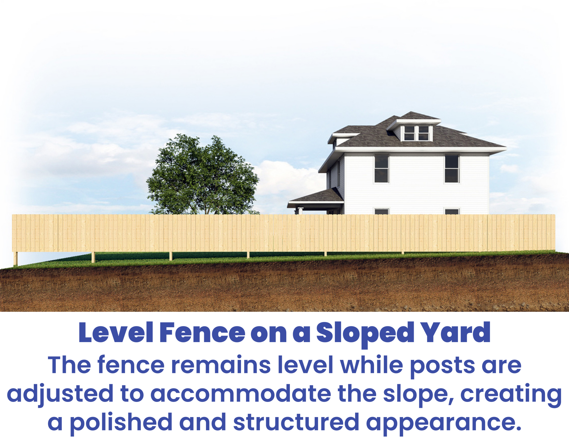 A level fence on a sloped yard. The fence is level, with posts adjusted to the slope.