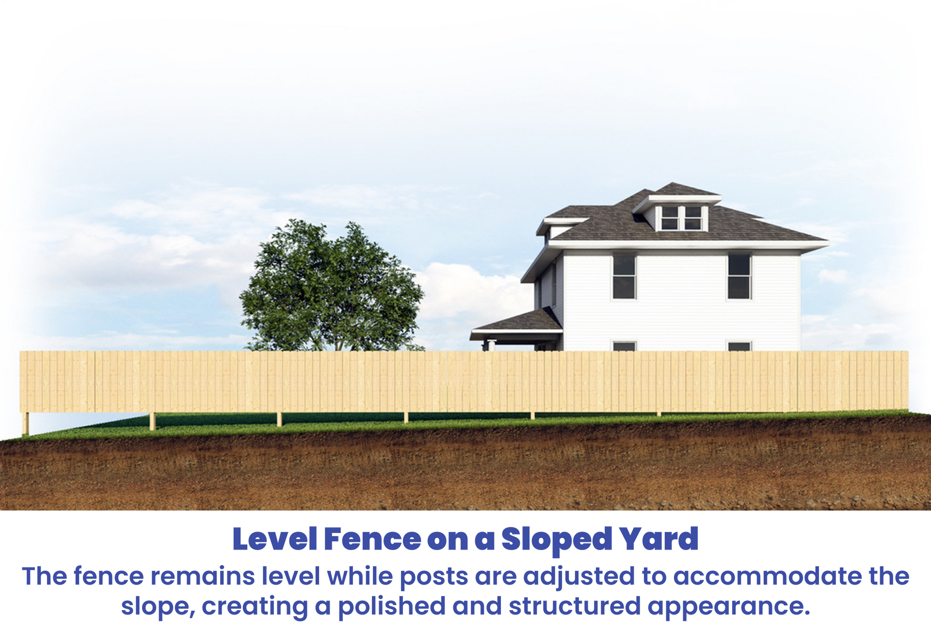Level wooden fence on a sloped yard; fence is level, posts vary in height.