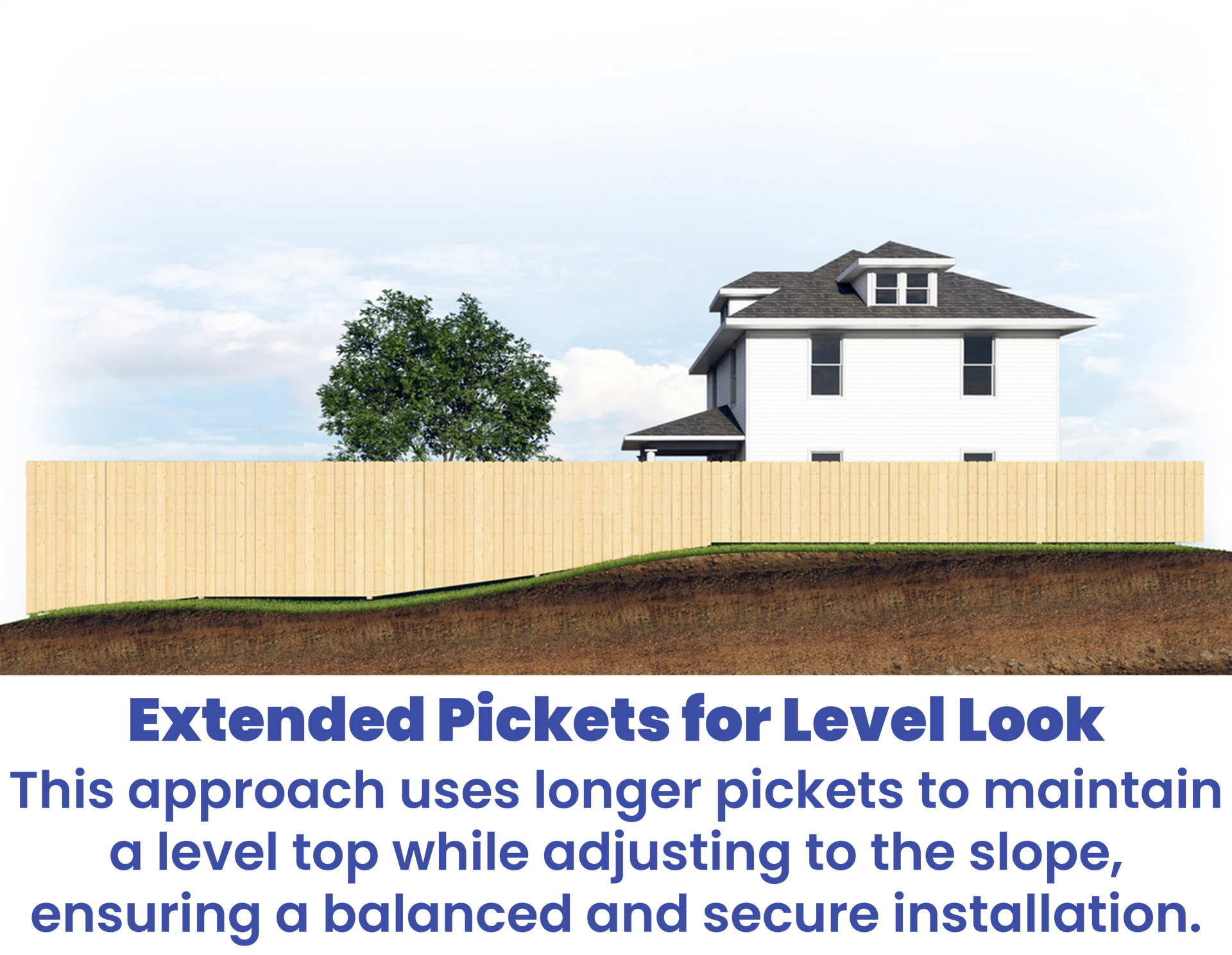 Fence with extended pickets to maintain a level top on a sloped yard. House and tree in background.