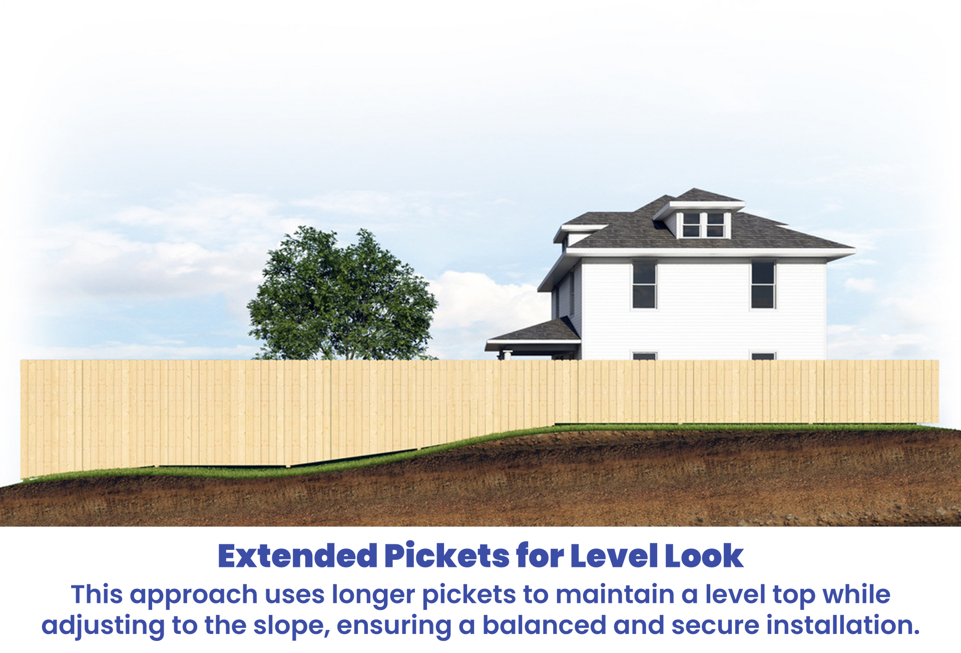 A wooden fence with extended pickets maintains a level top over a sloped yard.