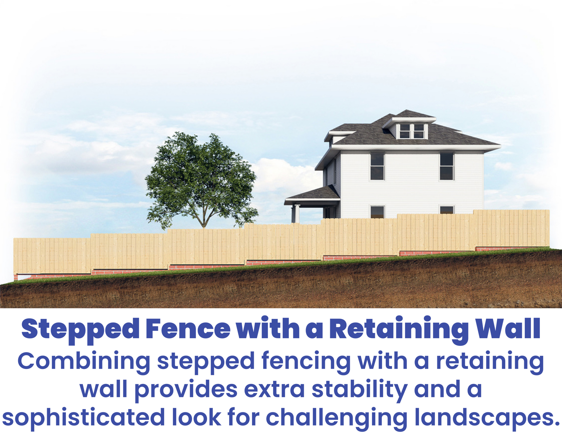 Illustration of a stepped fence with a retaining wall in front of a house on a hillside.