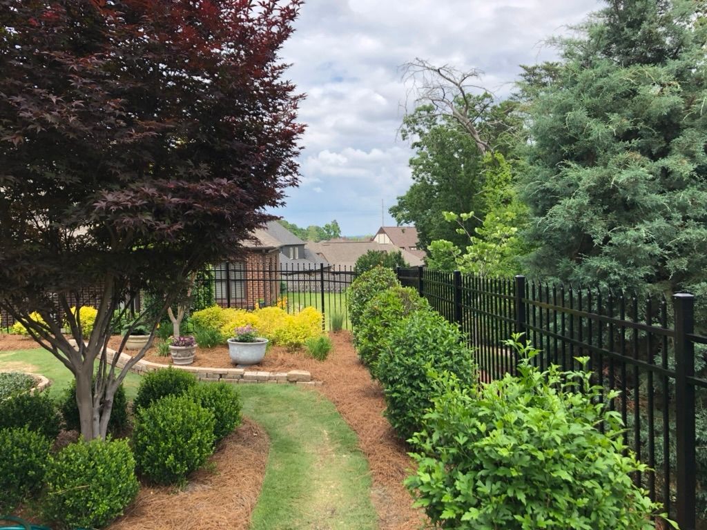 A lush garden path with a dark fence and various green and red plants, leading toward houses under a cloudy sky.