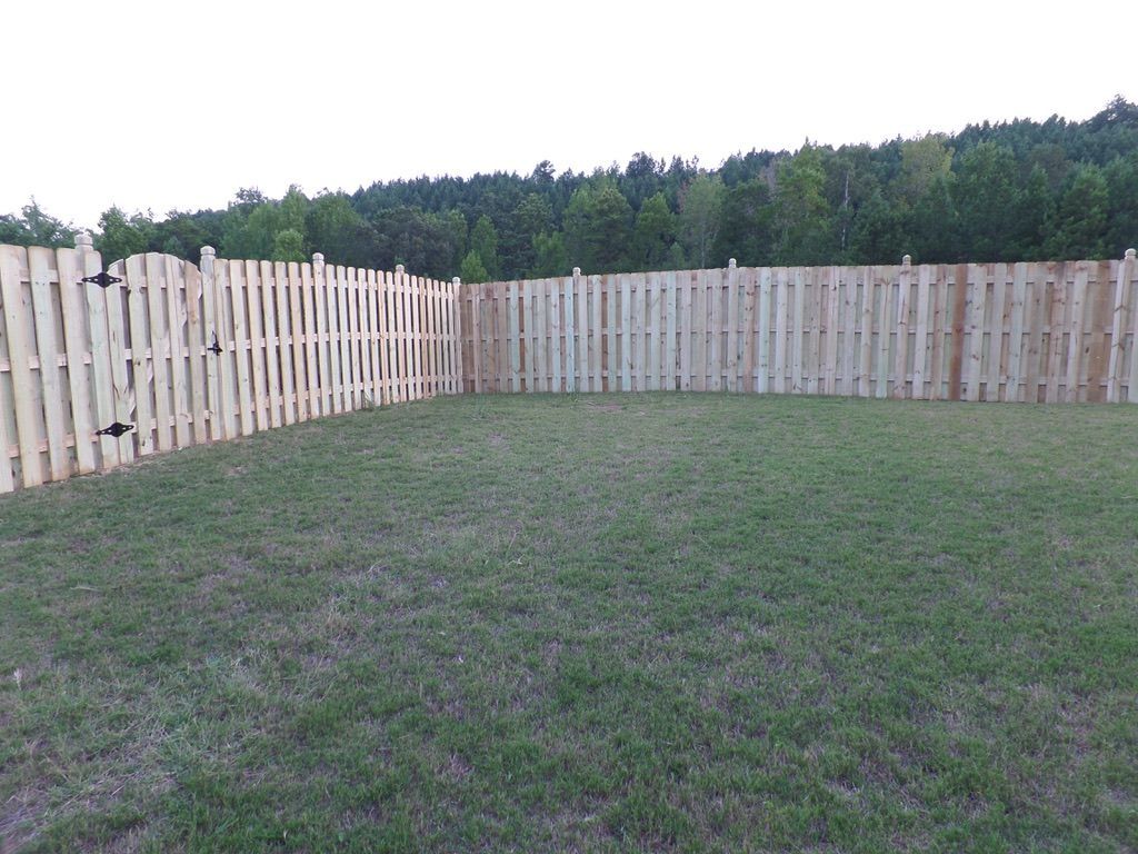 A wooden fence encloses a grassy backyard, with trees in the background under a light sky.