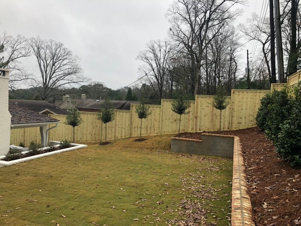 Backyard with a wooden fence, small trees, and a brick wall. Overcast sky.