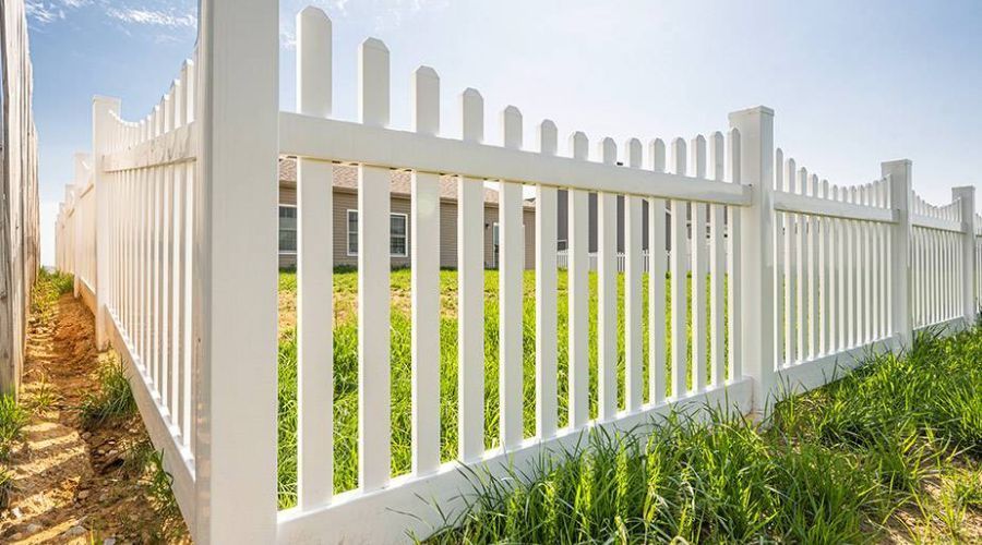 White vinyl arched picket fence installed on a residential yard property line under a bright sunny sky.