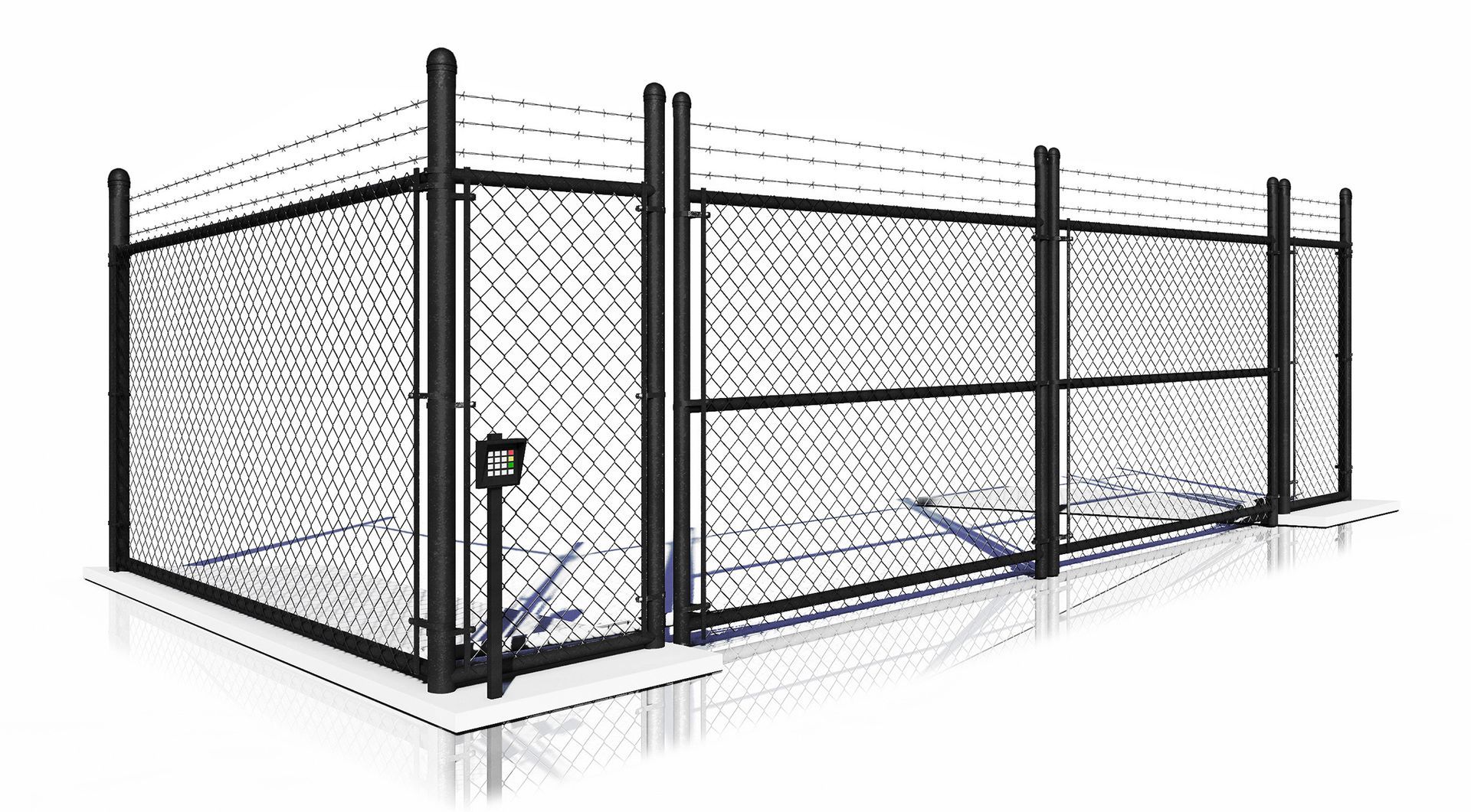 Security fence with chain link, black posts, and barbed wire on top.