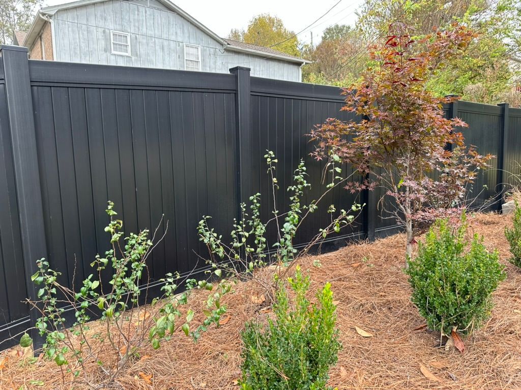 Black privacy fence in a yard with small shrubs and a tree. A light-colored shed is in the background.